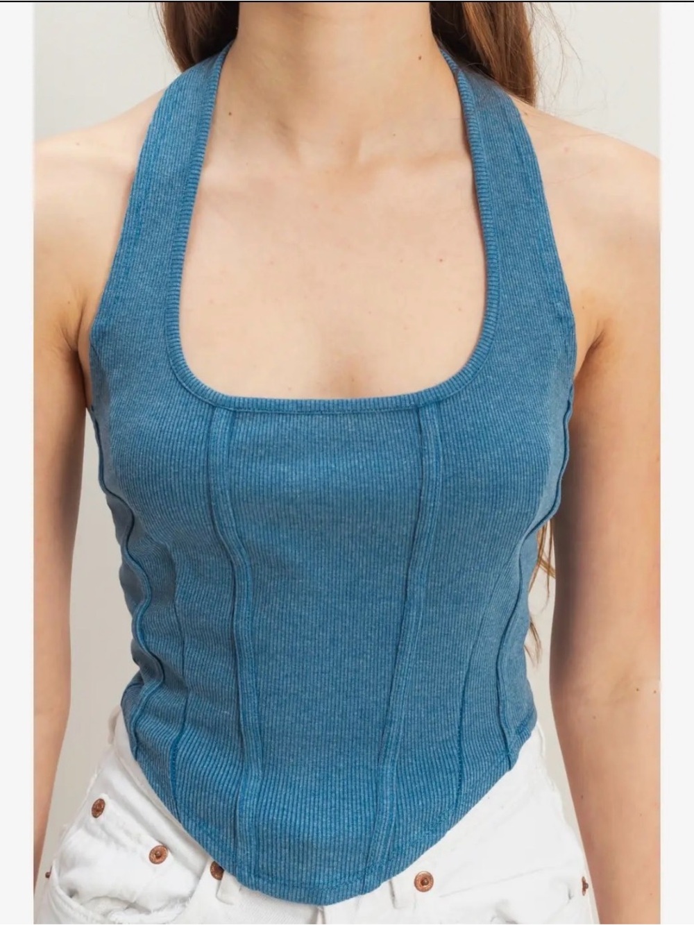 HYFVE Y2K Mineral Wash Blue Fitted Halter Tank Large NWT